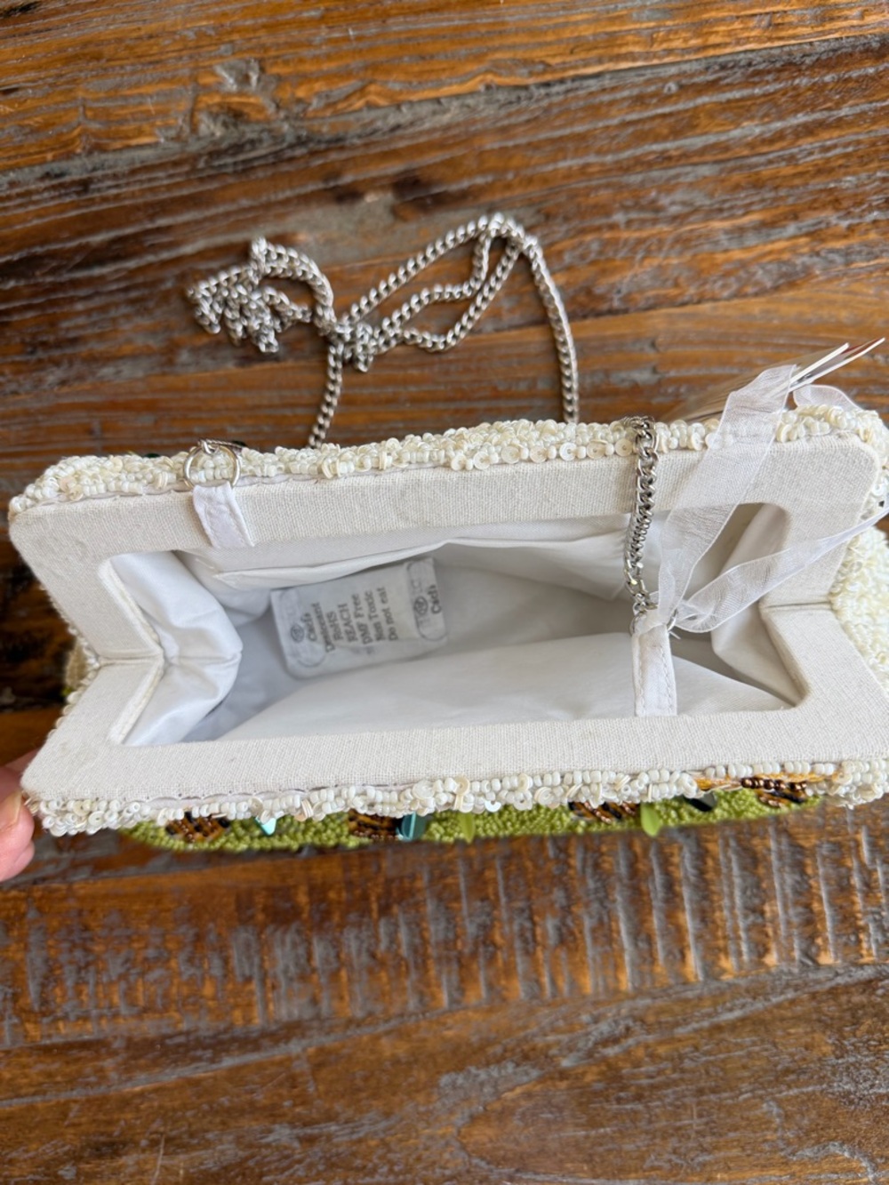 Beaded Pineapple Motif Clutch/Crossbody Bag - Green & White - Picture 10 of 15